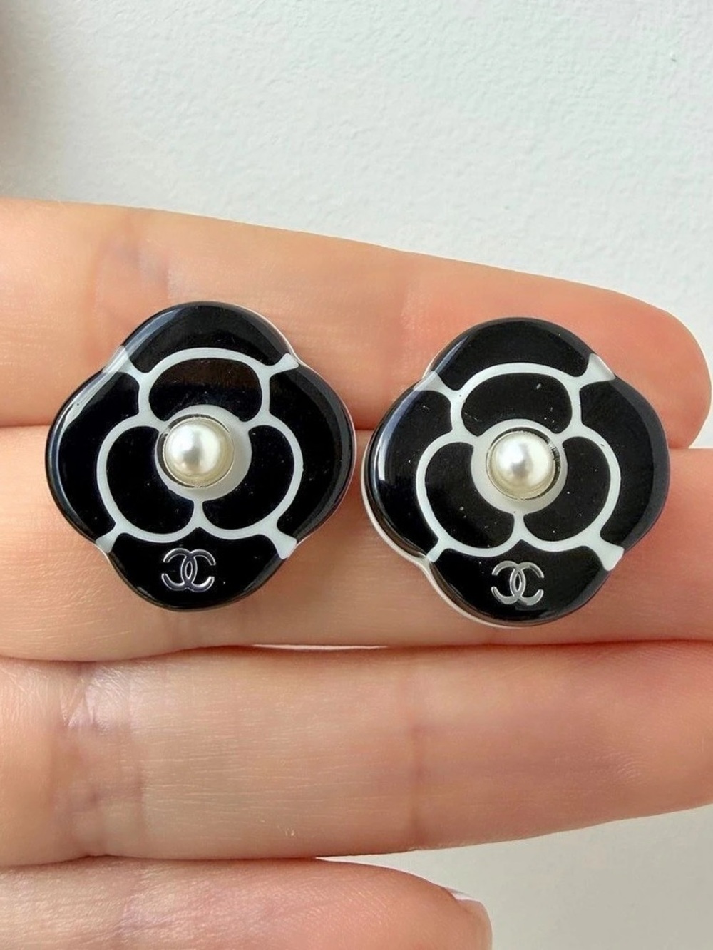 Chanel Camellia Flower CC Logo Pearl Stud Earrings Black & White